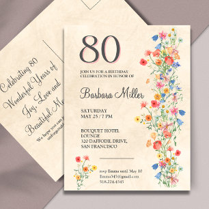 Blumige elegante 80. Geburtstagsfeier Einladungspostkarte