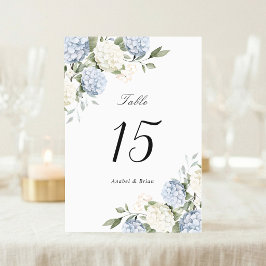 Blumige elegante blaue Hortensien-Grün-Hochzeit Tischnummer