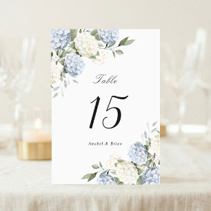 Blumige elegante blaue Hortensien-Grün-Hochzeit Tischnummer