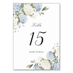 Blumige elegante blaue Hortensien-Grün-Hochzeit Tischnummer
