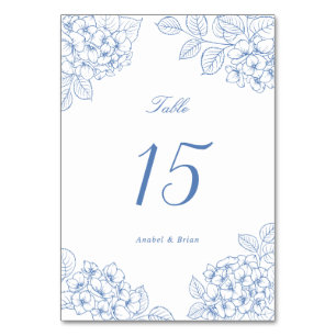 Blumige elegante blaue Hortensien-Hochzeitstisch Tischnummer
