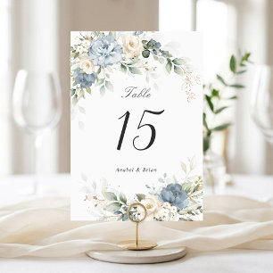Blumige Elegante Blaue Weiße Grünpflanzen Hochzeit Tischnummer
