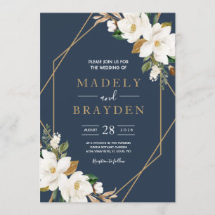 Blumige Elegante Magnolie Rosé Navy Neutral Einladung