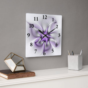 Blumige Eleganz Moderne Abstrakte Violette Fraktal Quadratische Wanduhr