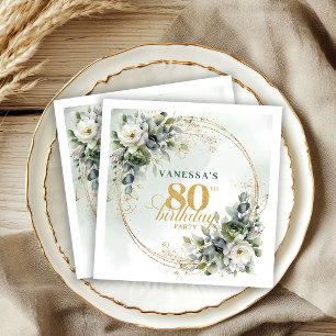 Blumige Eukalyptus-Gold-80-Geburtstagspartynapkins Serviette