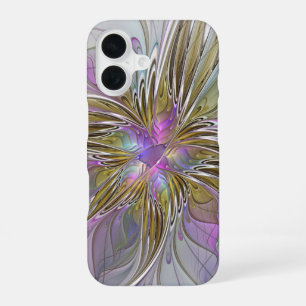 Blumige farbenfrohe abstrakte Fraktale mit Rosa un iPhone 16 Hülle