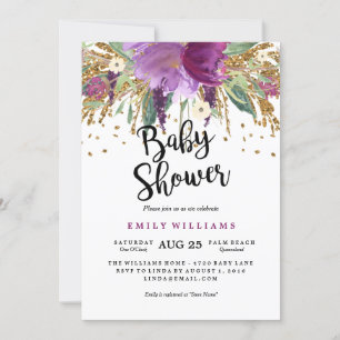 Blumige funkelnde Amethyst-Baby-Shower-Einladung Einladung