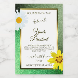 Blumige grüne Glitter Weiße und Goldene Produkteti Lebensmitteletikett