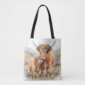 Blumige Highland-Kuh Mutter & Kalb Rustikales Baue Tasche