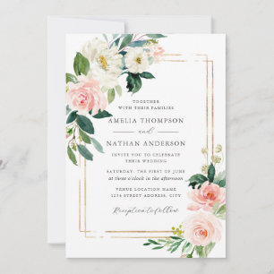 Blumige Hochzeit im Goldrahmen Einladung
