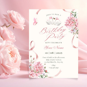 Blumige Kokette Rosa Schleife Vintage Geburtstag Einladung