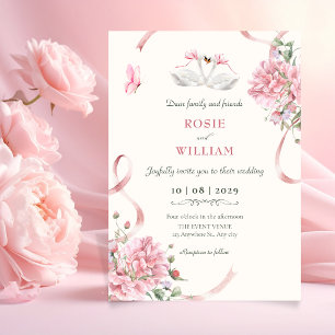 Blumige Kokette Rosa Schleife Vintage Hochzeit Einladung