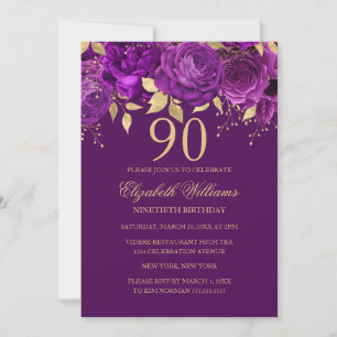 Blumige Lila Goldene Rose 90. Geburtstag Einladung