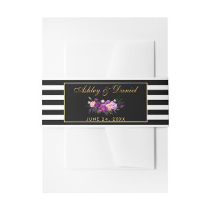 Blumige lila goldene schwarze Streifen Hochzeit Einladungsbanderole