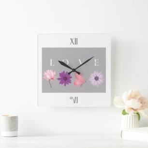 Blumige LOVE Romantische Botanische Wohndekoration Quadratische Wanduhr
