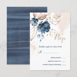Blumige marineblaue und goldene Hochzeitsantwort Einladung