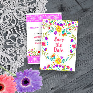 Blumige Mexikanische Fiesta & Papel Picado Weiß Save The Date