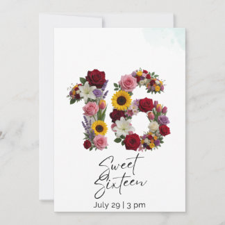 Blumige Nummer 16 Sweet Sixteen Geburtstagseinladu Karte