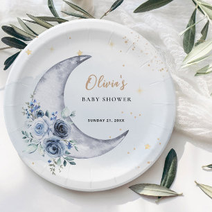 Blumige Over The Moon Baby Shower Pappteller