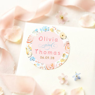 Blumige Pastell Whimsische Elegante Hochzeit Runder Aufkleber