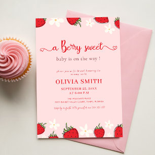 Blumige rosa Erdbeerbaby-Party Einladung