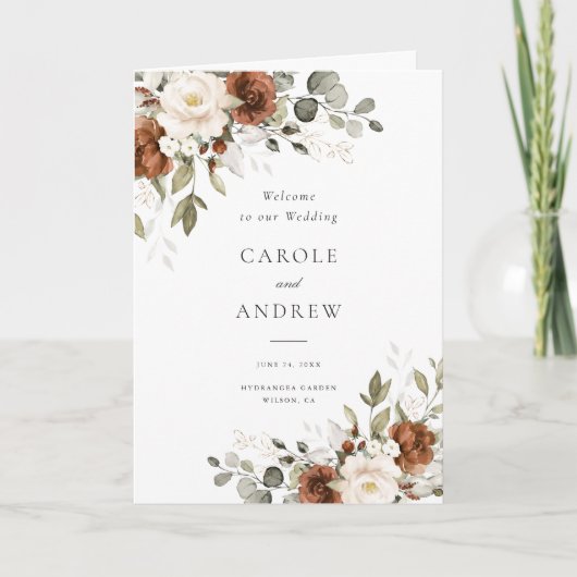 Blumige Rost Beige Gold Grün gefaltete Hochzeit Programm (Vorderseite)