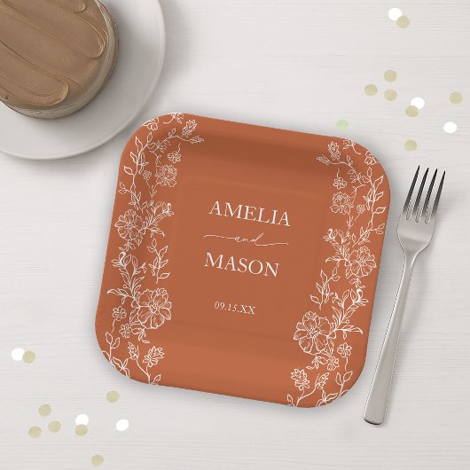 Blumige Rustikale Terrakotta-Papier-Hochzeit Pappteller