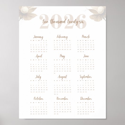 Blumige Schrift 2026 Ein-Seiten-Kalender Elegant  Poster (Vorne)