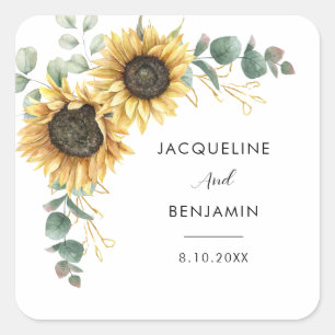 Blumige Sonnenblumen-Grünpflanzen-Hochzeit Quadratischer Aufkleber