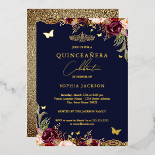 Blumige Spitze Burgunder Navy Quinceanera Geburtst Folieneinladung
