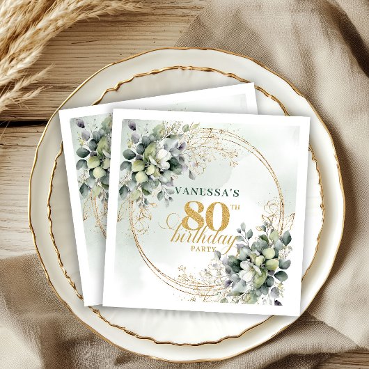 Blumige staubgrüne Blätter 80. Geburtstag Serviett Serviette