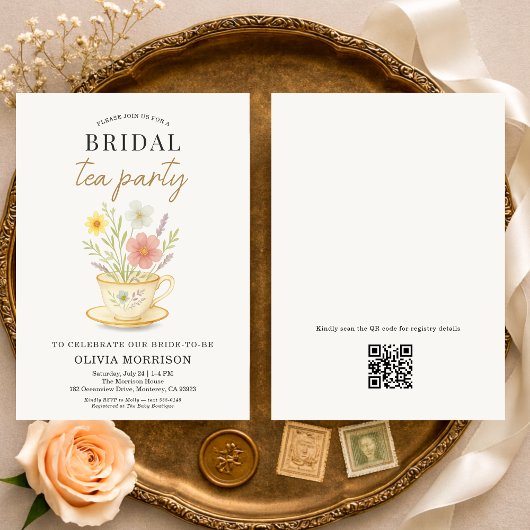 Blumige Teeparty-QR-Code-Brautjunggesellinnenabsch Einladung