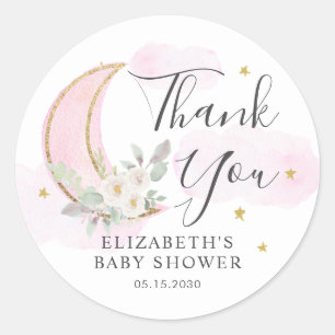 Blumige Über den Mond Rosa Baby Shower Danke Runder Aufkleber