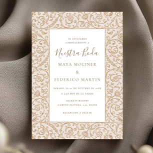 Blumige Vintage-Creme- und Goldene Nuestra-Boda-Ho Einladung