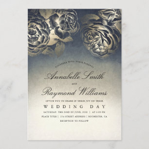 Blumige Vintage-Eklekton Hochzeit in Blau und Gold Einladung