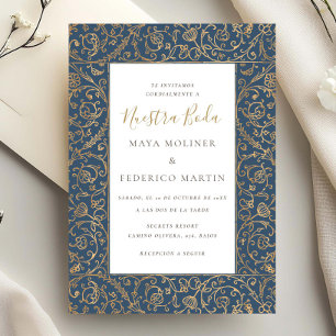 Blumige Vintage Gold & Blau Nuestra Boda Hochzeit Einladung