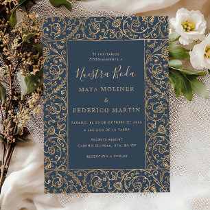Blumige Vintage Gold & Navy Nuestra Boda Hochzeit Einladung