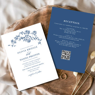Blumige Vintage-Hochzeit in Einem Navyblauen Kleid Einladung