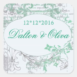 Blumige Vintage-Mint-Fleur-Hochzeitseinladung zum Quadratischer Aufkleber