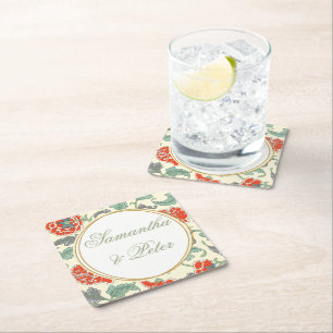 Blumige Vintage-Rotgrün-Art-Nouveau-Hochzeit Rechteckiger Pappuntersetzer
