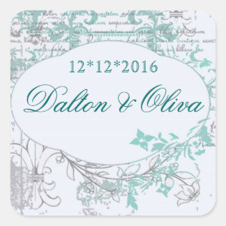 Blumige Vintage Teal Fleur Hochzeit Rettet das Dat Quadratischer Aufkleber