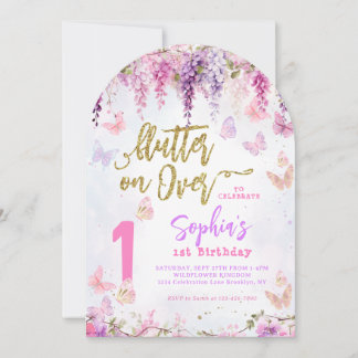 Blumige Wisteria Gold Schmetterling Kinder Geburts Einladung