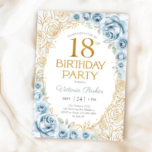 Blumiger 18. Geburtstag Baby Blau Gold Einladung