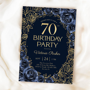 Blumiger 70. Geburtstag Navy Blau Gold  Einladung