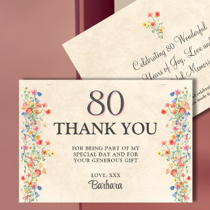 Blumiger 80. Geburtstag Eleganter Dank Dankeskarte