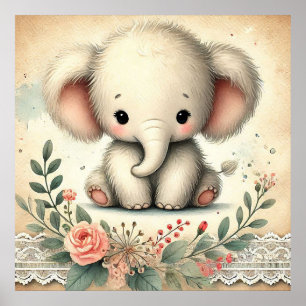 Blumiger Baby Elefanten-Kinderzimmer Poster