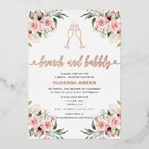 Blumiger Brunch und prickelnde Brautparty Roségold Folieneinladung
