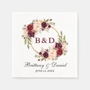 Blumiger burgunderfarbener Kranz Monogramm Hochzei Serviette