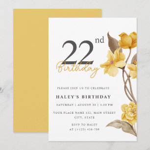 Blumiger Chic Elegant Einfache Gelbe 22. Geburtsta Einladung