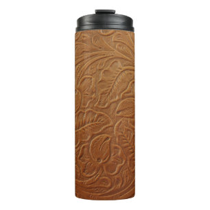 Blumiger Cowboy-Western-Dekor, braunes Leder. Thermosbecher